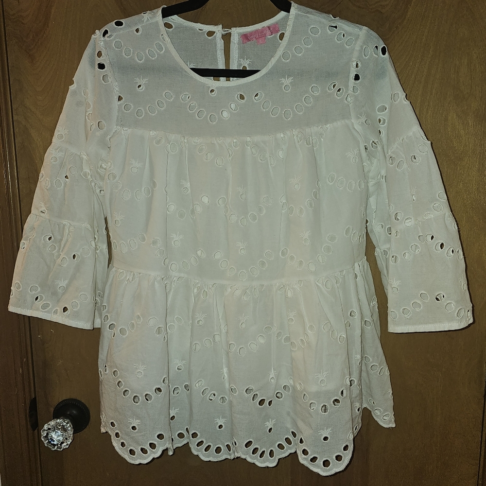 SIMPLY SOUTHERN White Eyelet Blouse with 3/4 Sleeves LARGE